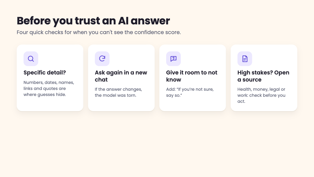 Four checks before trusting an AI answer: watch specific details, ask again, give it room to not know, open a source